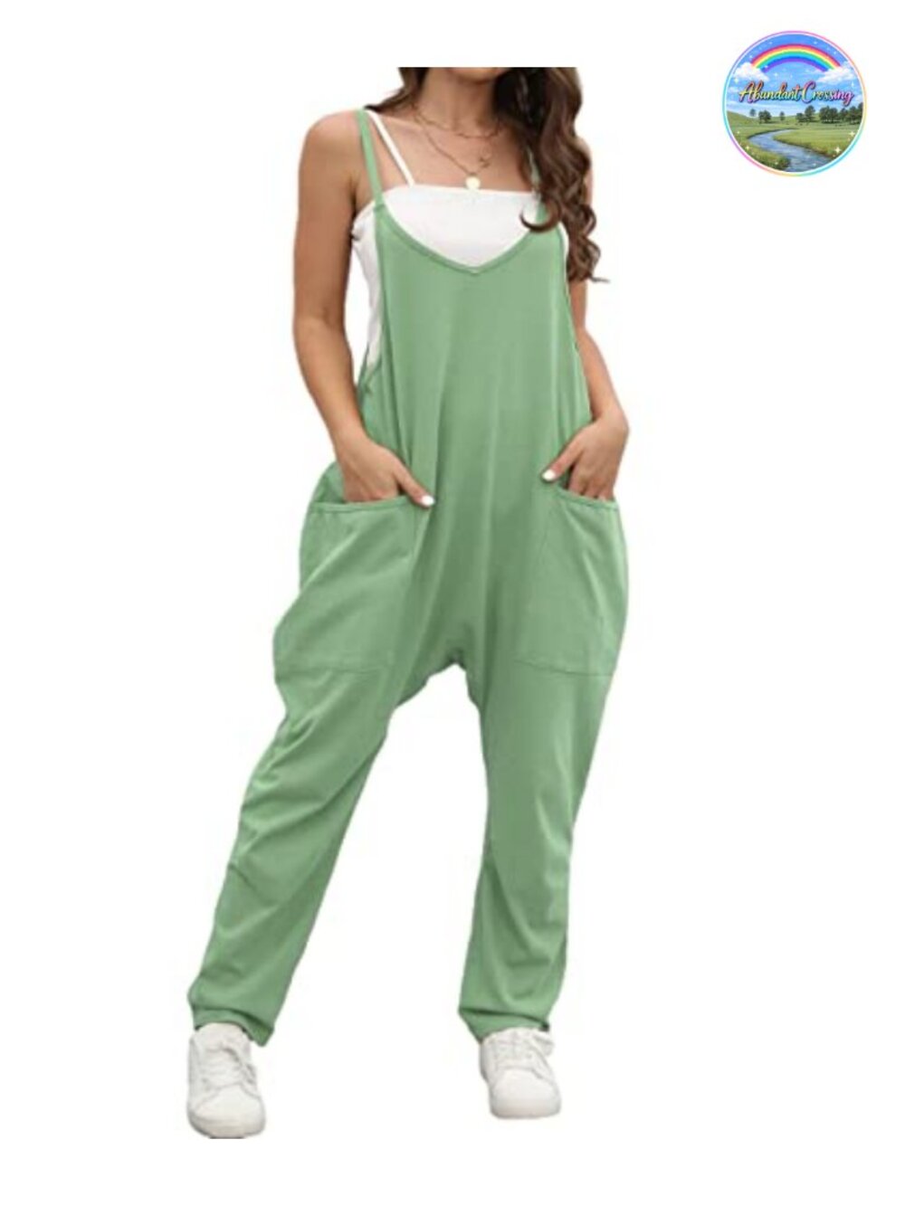 OUFEIYA Sleeveless V-Neck Loose Jumpsuit Wide Leg Adjustable Strap Pockets